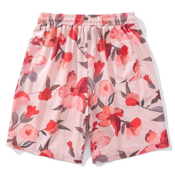 Strandshorts för män Rosa blommor Graffitishorts Sommar Casual Beachwear Lös Hip Hop Streetwear Pink M