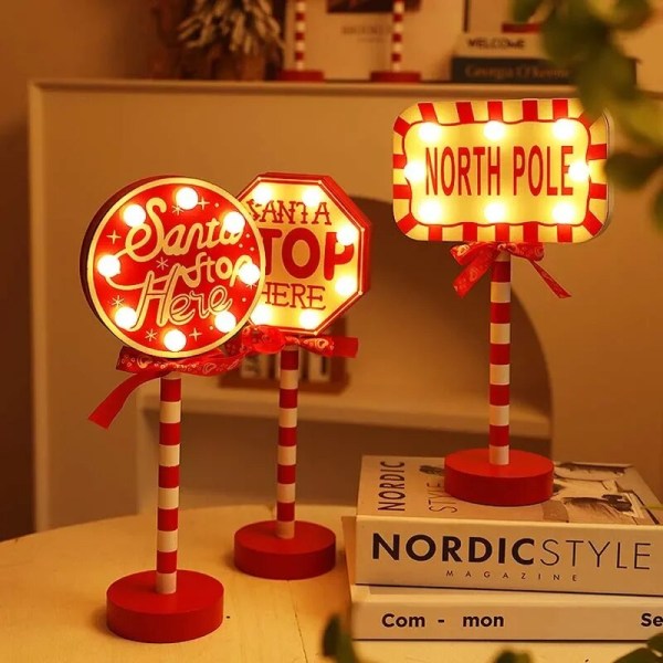 Christmas Street Sign Dekoration Lights Christmas LED Creative Trä Street Sign Dekoration Lights Christmas Party Mood Lights Christmas hat