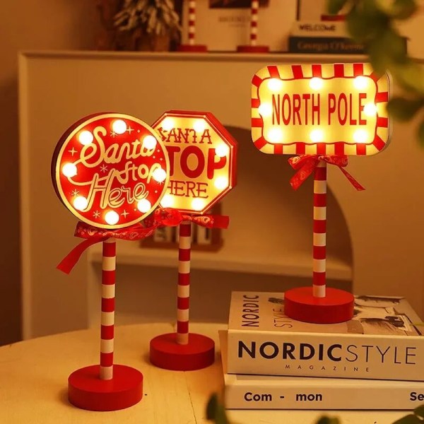 Jouluinen katukylttikoristevalot, LED-luovat puiset katukylttikoristevalot, joulujuhlien tunnelmavalot Christmas hat