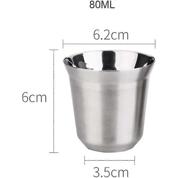 Ruostumattomasta teräksestä valmistetut espressokupit, kaksiseinäiset eristetyt kahvikupit teekupit, helppo puhdistaa ja konepesun kestävät (80 ml) (hopea 2 kpl)