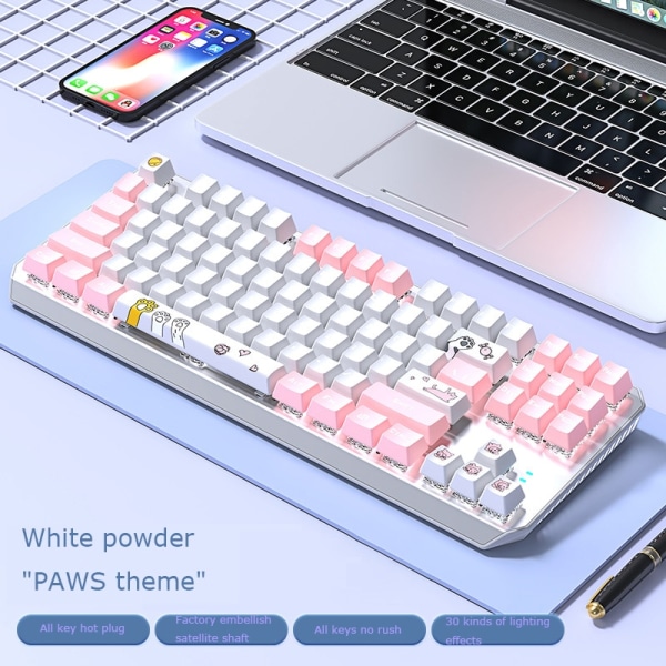 TK87 mekaniskt tangentbord 87-tangenters full-key hot-swappable trådbundet gamingtangentbord white pink
