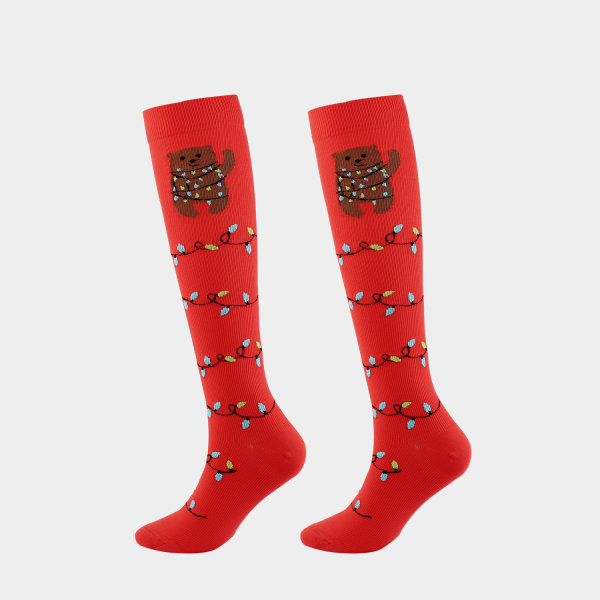 Julesokker Kompressionsstrømper Halloween Voksen Kompressionsstrømper Christmas Red Bottom Vine Leaf Bear L/XL