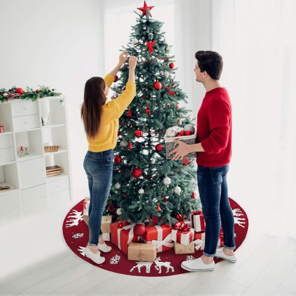 Juletrefot 122cm Strikket 3D Elg Juletreunderlag, rustikk Rød Trefot 48 tommer For Juledekorasjon, Innendørs Utendørs Bruk