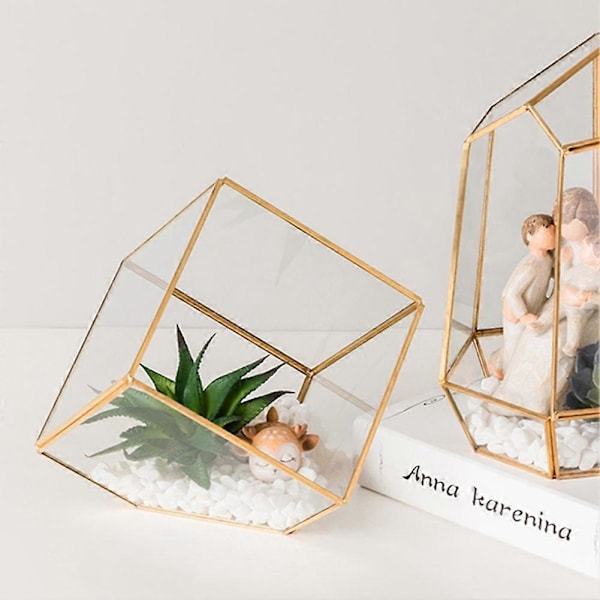 Guld Geometrisk Glas Planteringskärl Suckulent Växtbehållare Konstgjord Blomlåda Dekoration