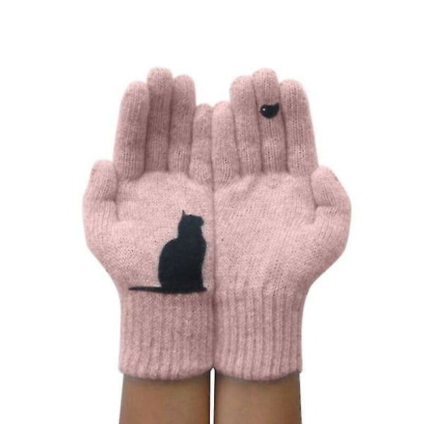 Vinterhandskar för män kvinnor tonåringar söt katt och fågel tryckt termisk stickad Style5