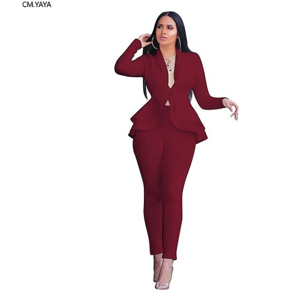 Dam Set Träningsdräkt Långärmad Volang Kavajer Byxor Kostym Tvådelat Set Kontorsdam Affärskläder Uniform Burgundy XL