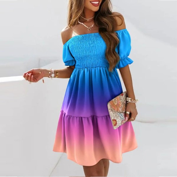 Sexy Off Shoulder Mini Kjole Dame Sommer Løs Boho Print Party Kjole blue XL