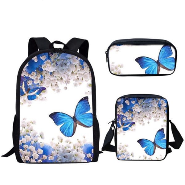 Creative Butterfly Ryggsäck 3 delar/ set Grundskola Pojkar Flickor Skolväska Messenger Bag Case Blue