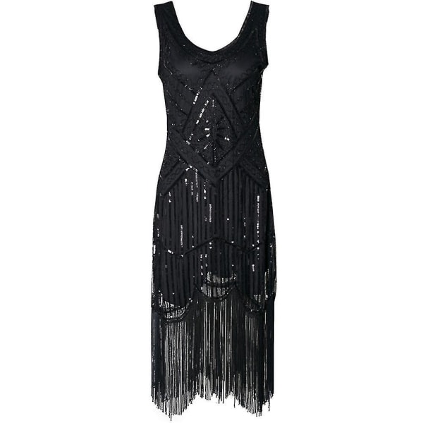 Halloween Dame 1920'er Festkjole Frynset Kostumekjole 20'er Pailletter Perlebesat Vintage Aftenfest Elegante Kjoler Black XL