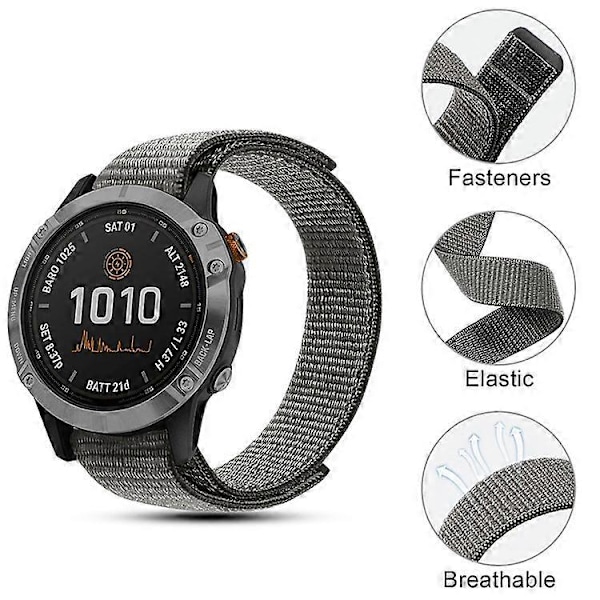 26mm Nylonkello Ranneke Yhteensopiva Garmin Fenix 6X:lle, Säädettävä Älykellon Rannekkeen Vaihto Grey