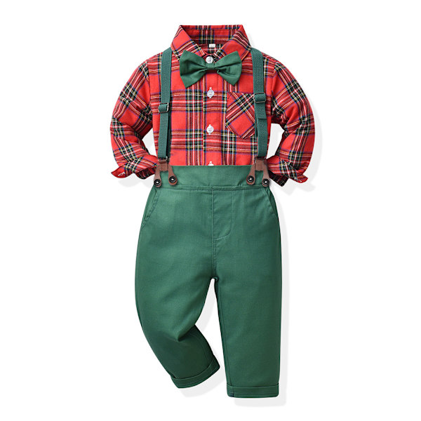 Børne Jule Tøj Nyt Drenge Plaid Langærmet Revers Bomulds Cardigan Overalls Ferie Sæt Red box 80cm