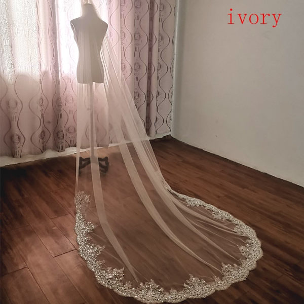 Brudekjole Bryllupskjole Glitrende Perle Paljett Blonder Katedral Bryllup Hårtilbehør Slør ivory 350cm