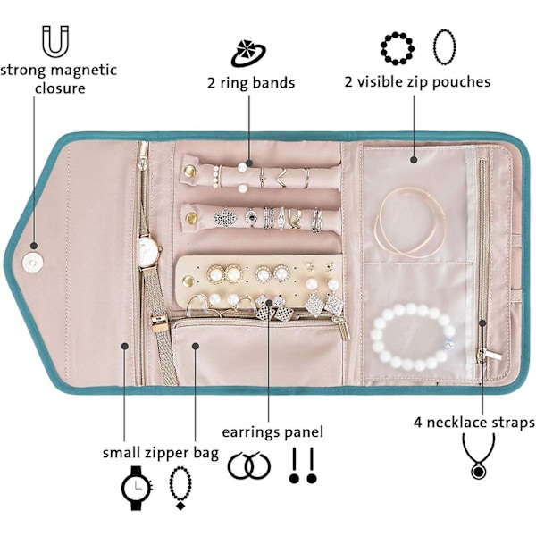 Rese Smyckesorganisator Rulle Vikbar Smyckeskrin för Rese Ringar, Halsband, Armband, Örhängen, Cyan