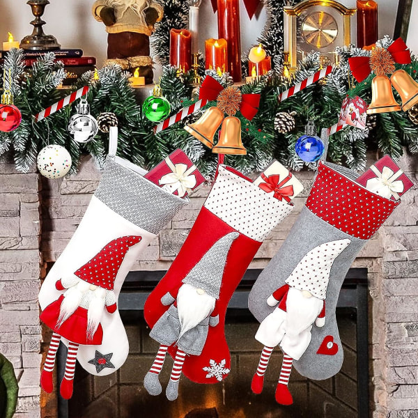 Julstrumpor, Juldekoration, Set med 3 Stora Klassiska Julstrumpor för Upphängning, Tecknad Skäggig Jultomte Strumpor, Julklappspåse Fo
