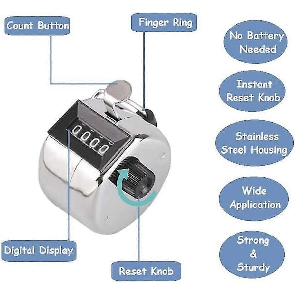 Manuel Clicker 4-cifret Nummer Håndholdt Mekanisk Skødetæller Med Fingerring Til Persontælling, Golf, Strikning, Sport (2 stk., Sølv)