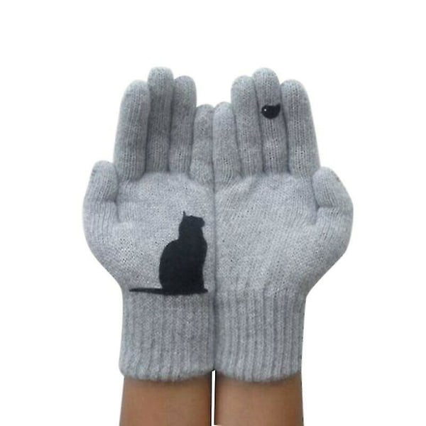 Vinterhandskar för män kvinnor tonåringar söt katt och fågel tryckt termisk stickad Style4