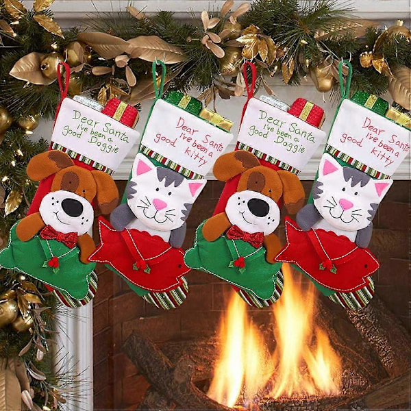 4-pack Stora Julstrumpor, 44 cm Katter Hundar Julstrumpor med Mudd, Klassiska Stora Strumpor i Non-Woven