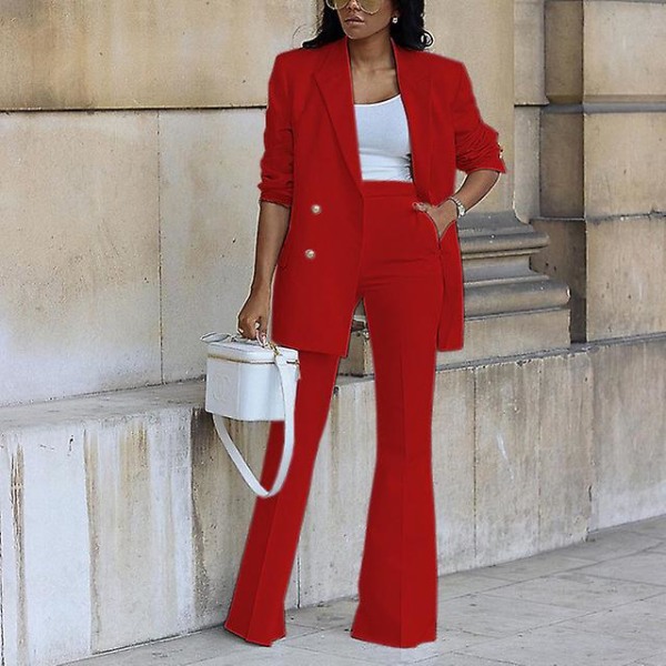 Naisten Solid Blazer Set Syksyinen Casual Office Lady Blazers Takki Leveälahkeiset housut Business Blazer Suit Korkea vyötärö bleiseripuku Red S