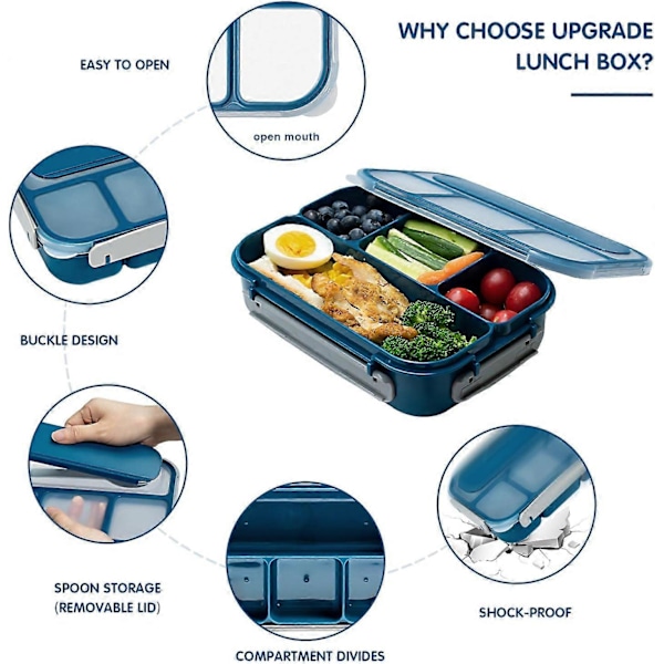 Madkasse 1300ML Bento Madkassebeholder Indbygget Bestiksæt til Voksne, Lækagesikker Madkassebeholder til Picnic, Tåler Opvaskemaskine og Mikroovn