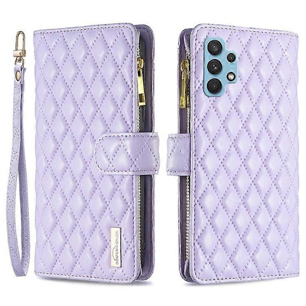 BINFEN COLOR Kompatibel med Samsung Galaxy A32 4G (EU Version) BF Style-15 Rombmönster Präglat Skyddsfodral med Dragkedja P Purple