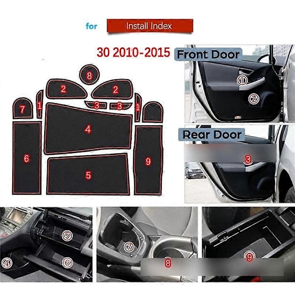Anti-skli Gummi Dørslagsmatte Koppmatte for Prius 30 XW30 ZVW30 2010-2015 Dør Groove Matte Tilbehør St