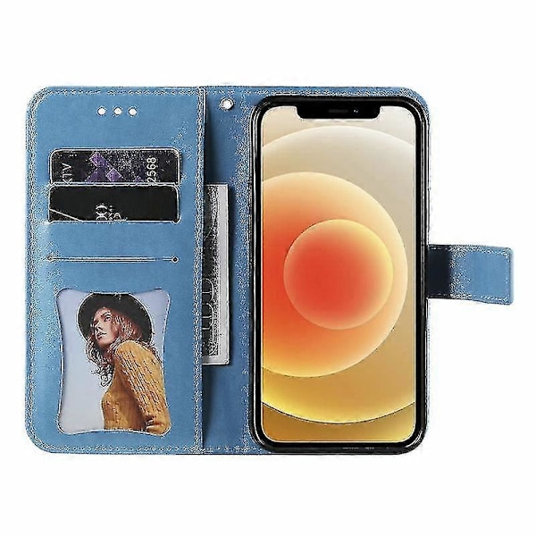 Uusi iPhone 12 Mini 7-terälehtinen kukkakuvio kohokuvioitu vaakasuora läppä PU-nahkakotelo pidikkeellä, korttipaikoilla, lompakolla ja valokuvakehyksellä (sininen)