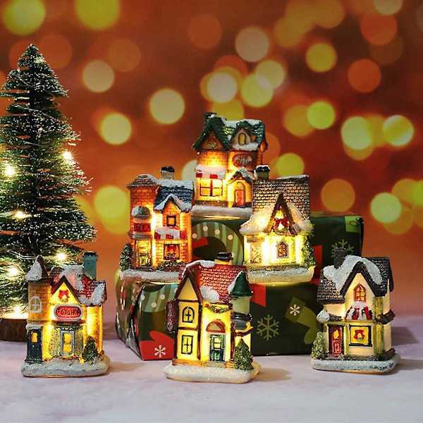 (6-delars set, 4*6,5*9cm) Lysande julby, Lysande julhus, Julbykaraktär Flerfärgad lampa Deco Noel Interiör Miniatyr