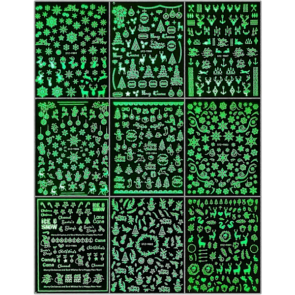 Självlysande julnageldekaler Nagelkonst 9 ark Självhäftande nageldekaler Nageldekaler Nagelkonstdesign Manikyr