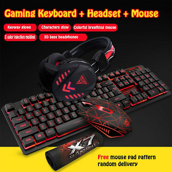 4st/set K59 Mekaniskt Trådbundet USB-Tangentbord Belyst Gamingmus Musmatta Headset Skrivbord Bakgrundsbelysning Kit Black Blue