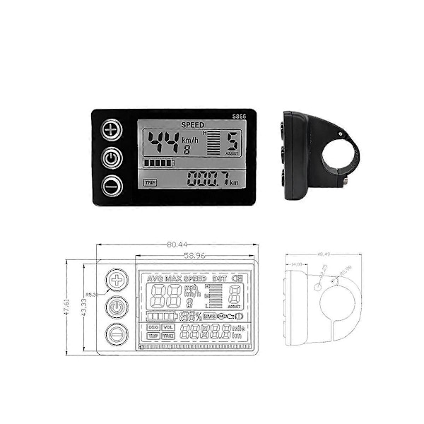 LCD-S866 Elektrisk Cykel LCD Display Mätare 24V 36V 48V E-Bike Kontrollpanel med Vattentät Kontakt Ebik