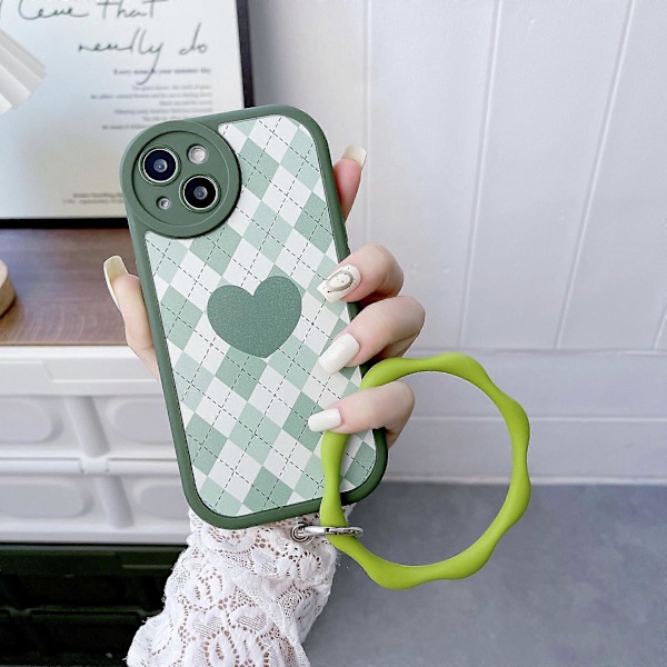 iPhone 13 mobilskal, rutigt kärleksskal (grön rutig skarvning, enkelt skal)
