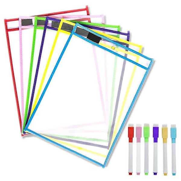 Återanvändbara fickor för whiteboardpennor, 6-pack återanvändbara plastfickor, blandade färger, arkivficka
