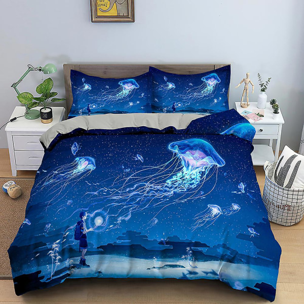 Ocean Jellyfish Sengesæt Skinnende Havdyr Dynebetræk King/Queen Size Magisk Marineliv Blå 2/3 stk. Polyester Dynebetræk