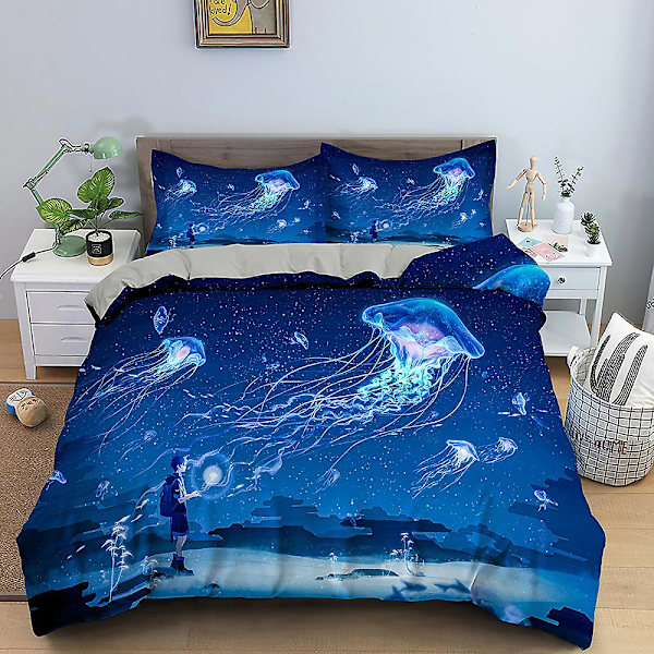 Ocean Jellyfish -vuodevaatesetti, kiiltävät merieläimet, pussilakanasetti, king/queen-koko, maaginen merielämä, sininen, 2/3 kpl, polyesteripeite
