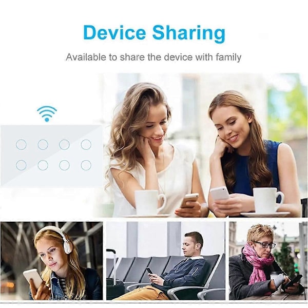 WIFI Smart Touch Lys Bryter Veggbryter Glasspanel 8 Gang Tuya Smart Life for Alexa Home Wh