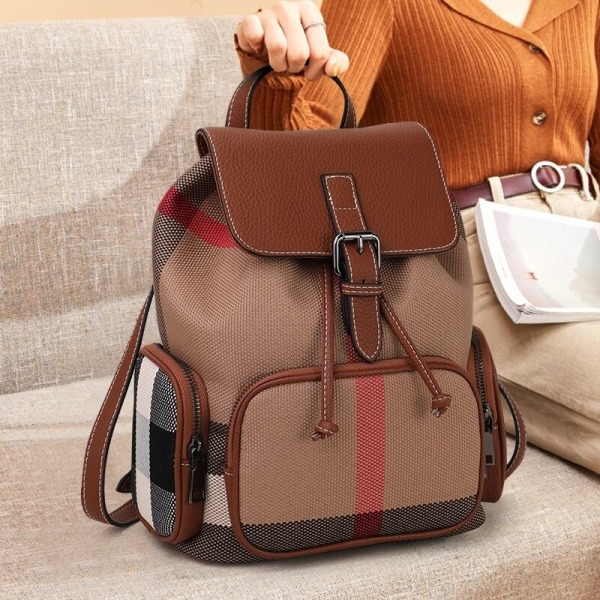 Klassisk Rutig Canvas Damryggsäck Dragsko Flap Hinkryggsäck Black 24x15x33cm