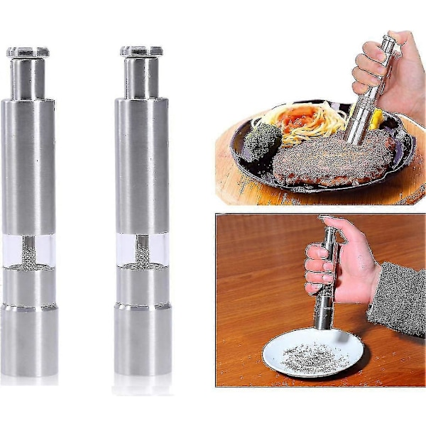 Salt- og pepperkvernsett med 2, trykknappkvern i rustfritt stål, for sort pepper, krydder og salt
