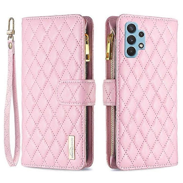 BINFEN COLOR Kompatibel med Samsung Galaxy A32 4G (EU Version) BF Style-15 Rombmönster Präglat Skyddsfodral med Dragkedja P Pink