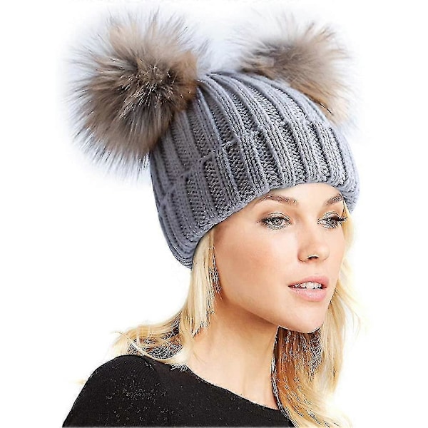 Dame Vinter Dobbelt Pom Pom Hue Fleeceforet Bobble Hat Strikket Kunstpels Pom