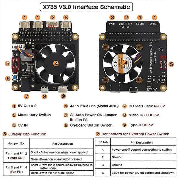 Til X735 V3.0 Strømstyringskort med PWM-blæser DC 6-30V til 4B/3B+/3B/2B