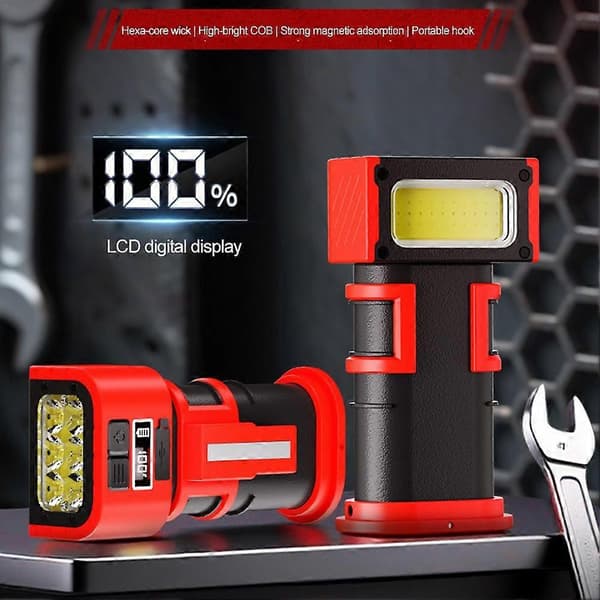 Magnetisk bilreparationsarbejdslys genopladelig digital batteriindikator Red