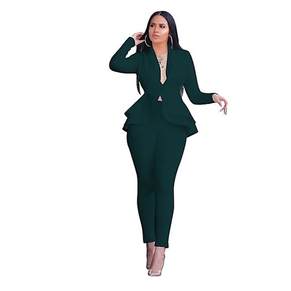 Dam Set Träningsdräkt Långärmad Volang Kavajer Byxor Kostym Tvådelat Set Kontorsdam Affärskläder Uniform Green XXL