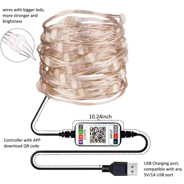 Smart RGB Julgransljusslinga APP Bluetooth Kontroll Vattentät USB Koppartrådslampor 16 Färger Nyårsdekoration 2M 20LED