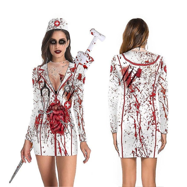Horror Blodig Sygeplejerske Kranie Kostumer Kvinder Terror Cosplay Halloween Kostumer Til Kvinder Kjoler Spøgelse Sygeplejerske Karneval Prop - hvid 2XL