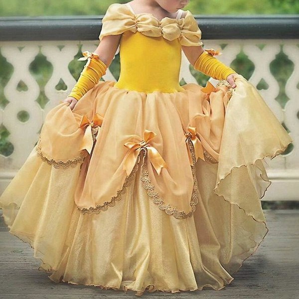 Flicka Prinsessa Belle Kostym Skönheten och Odjuret Klänningar Halloweenfest Karneval Cosplay Maskerad Yellow Embroidery 3-4Years