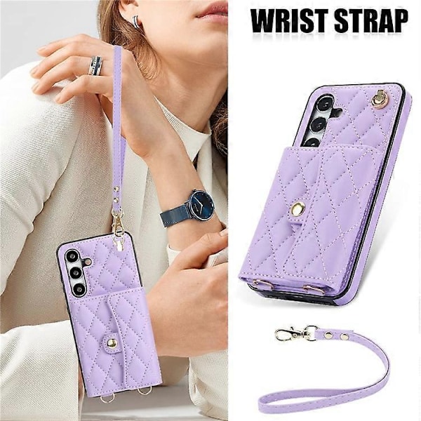 026 Yhteensopiva Samsung Galaxy A15 4G / 5G Korttikotelo Jalustalla Nahka+TPU Suojakuori 2 Hihnalla Purple