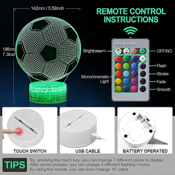 3D Illusion Lampa, Nattlampa med Färgskiftning och Smart Touch-Kontroll (Fotboll)