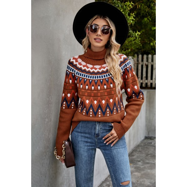 2023 vinter ny Amazon cross-border damebeklædning retro stribet syning kontrast sweater turtleneck løs sweater rust red XL