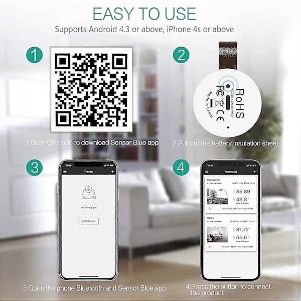 Bluetooth Termometer Hygrometer, Trådlös Mini Thermo-hygrometer för Inomhusbruk Med Dataexportfunktion, Kompatibel Med Ios Och Android För Vin, Vardagsrum R