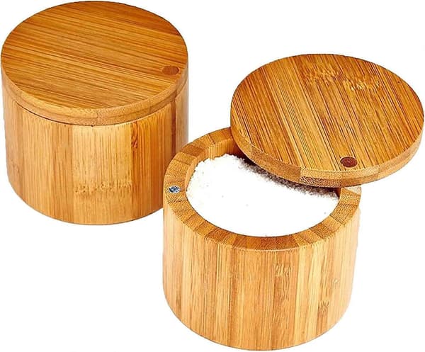 Rund Saltbox av Bambu, Kryddburk, Kryddförvaring, Kryddbehållare av Naturlig Bambu